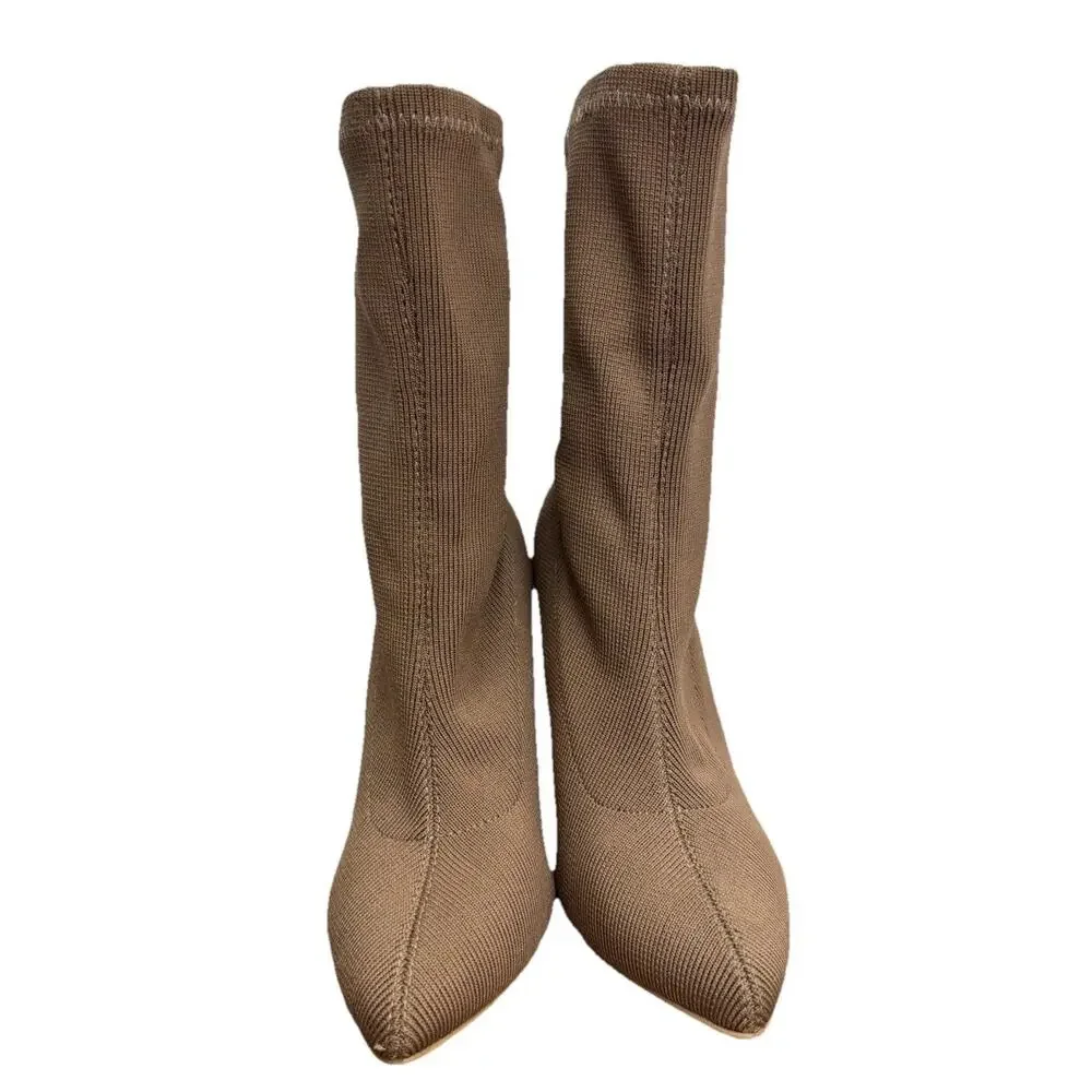 Fashion Nova Tan Stretch Heel Boots Sock Booties 7 WIDE Clear Block Heel Pointed